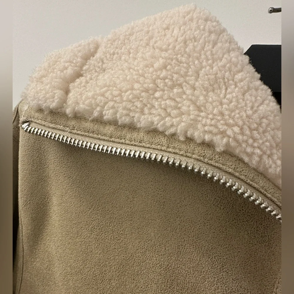 NWOT! MANGO Faux Shearling Zipper oversized turtleneck Coat Small Cream/Beige - Picture 7 of 8